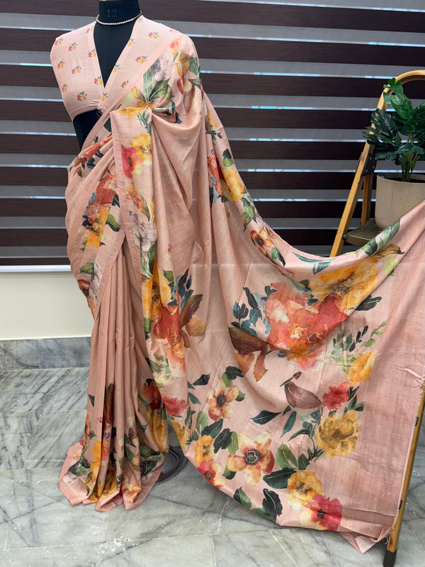 Soft Jute-tussar silk saree with digital prints MJT671 PeachPink