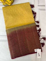 Jute silk sarees with contrast pallu & brocade blouse MJL877- DarkCream to Maroon