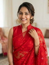 Lightweight Kota Moonga checks saree with applique work MSH202 - Red