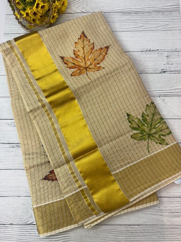 Crushed Kerala tissue cotton saree - Leaf digital Prints