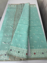 Tissue linen saree with embroidery MTL451 SeaGreen