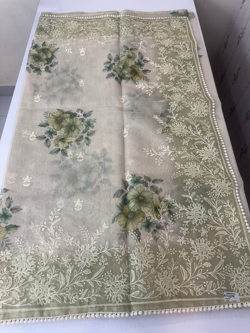 Digital printed Tissue silk saree with Chikankari embroidery MS88786