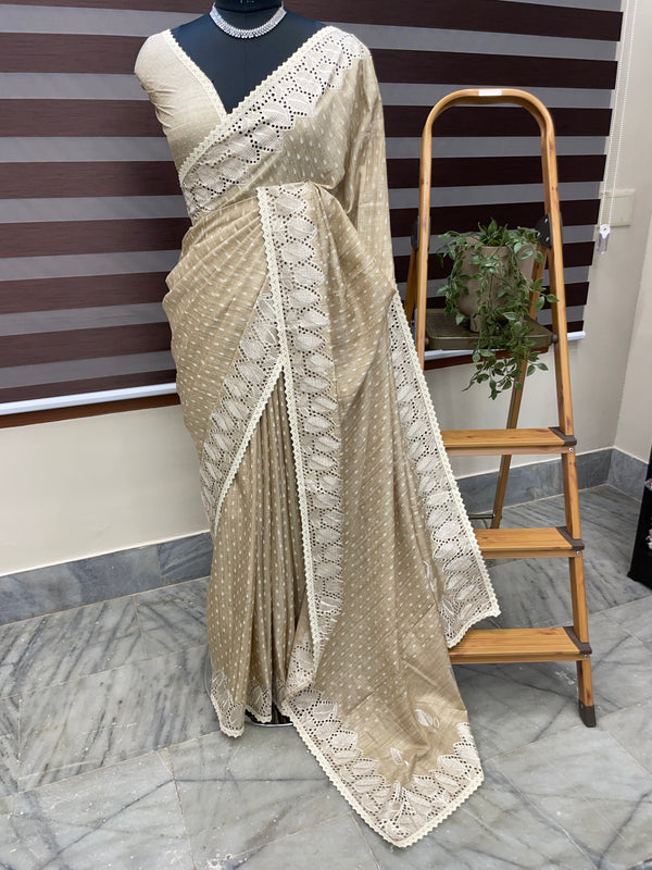 Cutwork blended tussar saree MTS608 - Beige