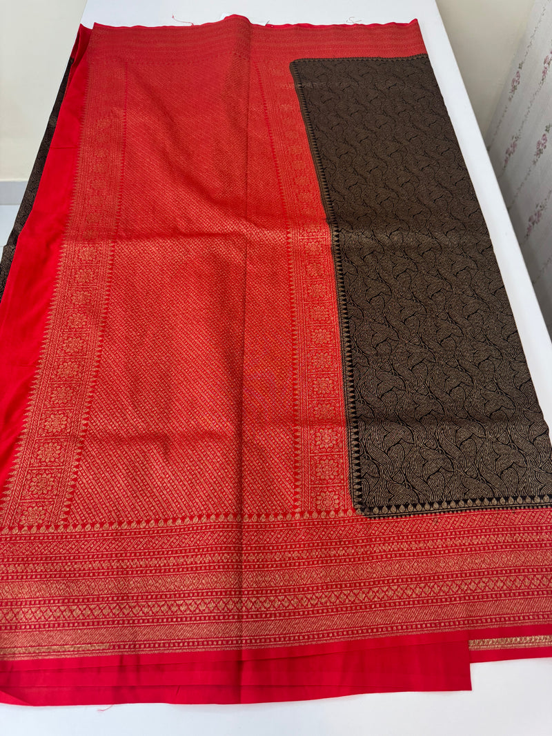 Banarasi semi katan saree with contrast border MS6665 - Black to Red