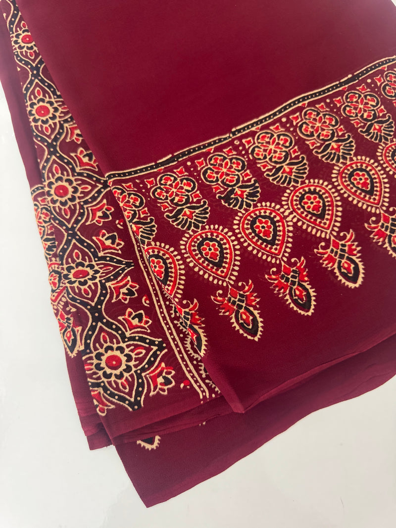 Pure Ajrakh Georgette saree MGS76- Maroon