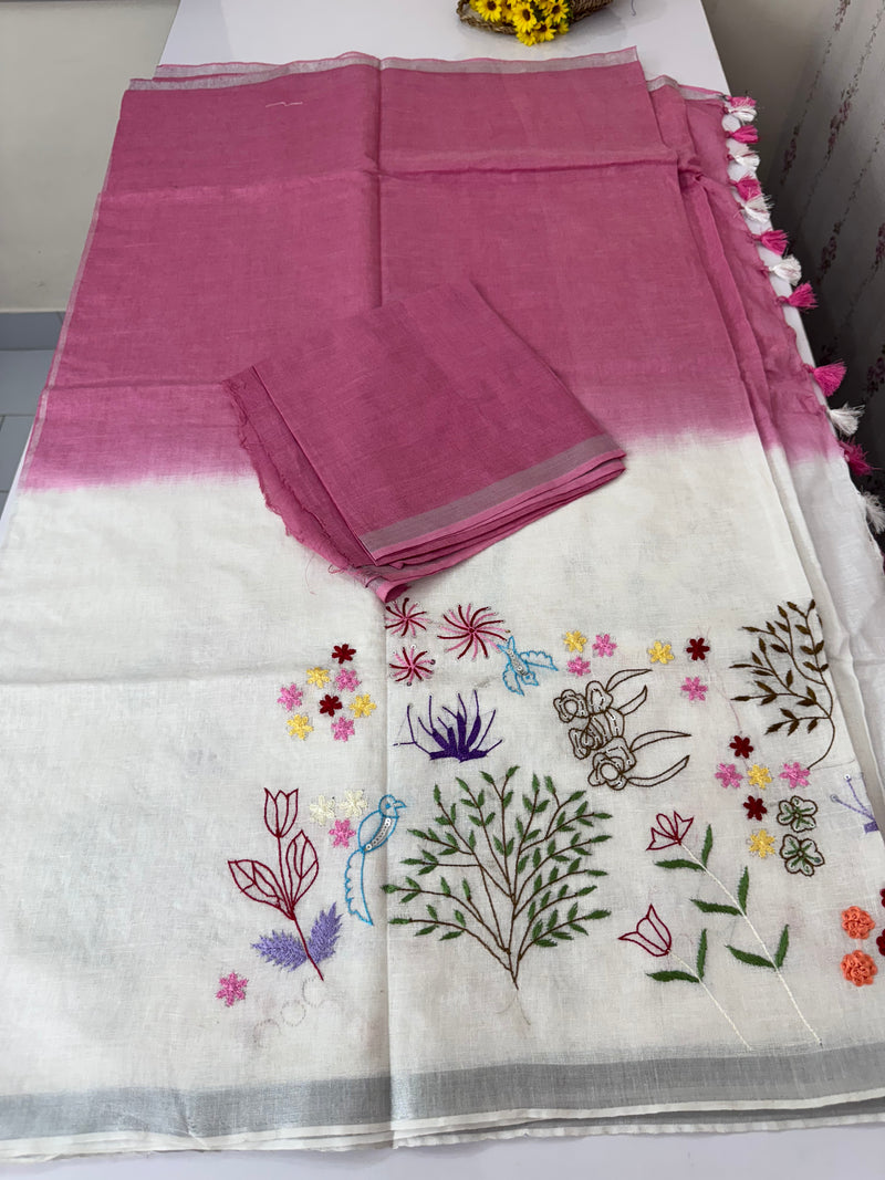 Linen blend Saree with hand embriodery MLS611