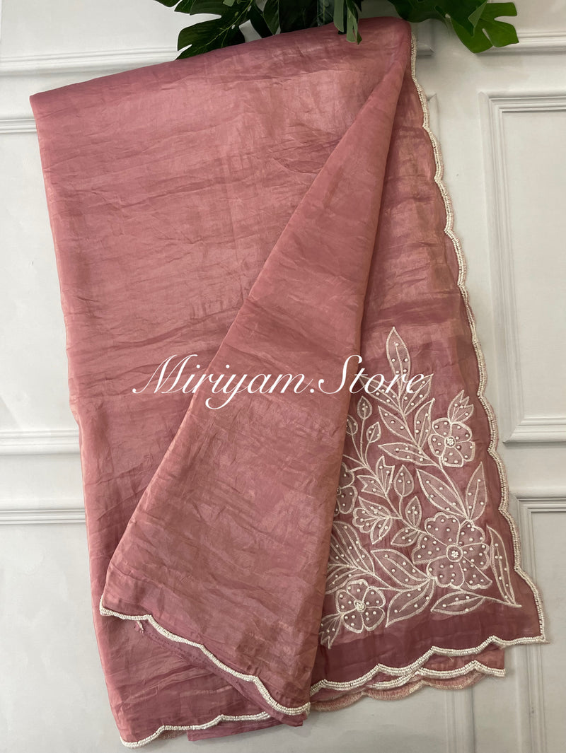 Designer Embroidery Organza Saree with applique work FCAD121 DuskyPink