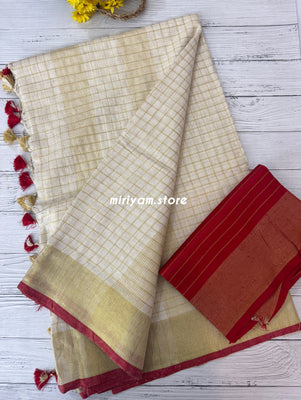 Linen cotton saree with gold zari checks MLS9766- RED