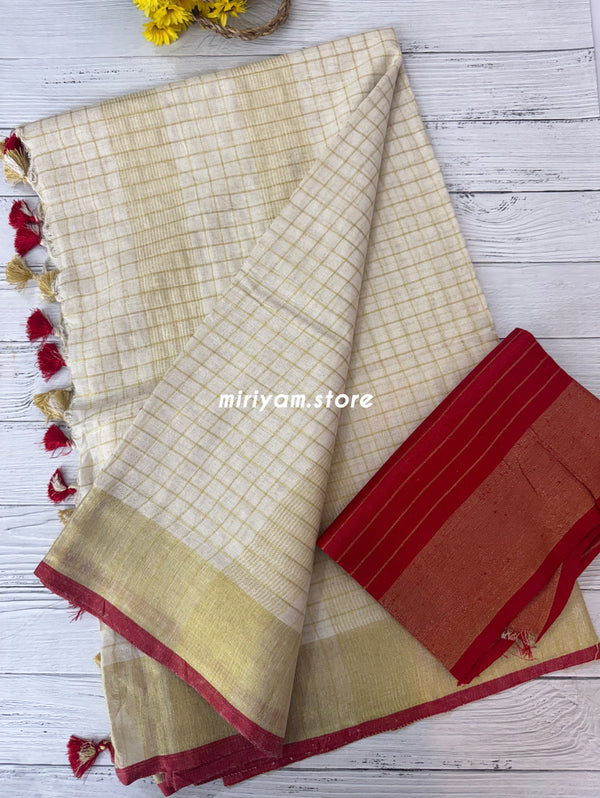 Linen saree with gold zari checks MLS9766- RED