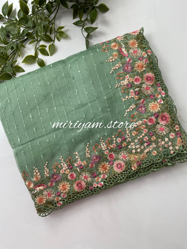 Jute Organza saree with cutwork MJOS128 DUSTY GREEN