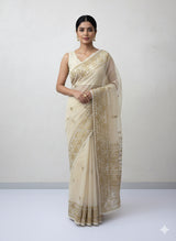 Semi organza saree with embroidery  - MSH124 - Beige 2
