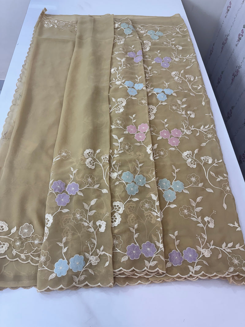 Pure Georgette saree with embriodery and applique work MS15567 DarkBeige