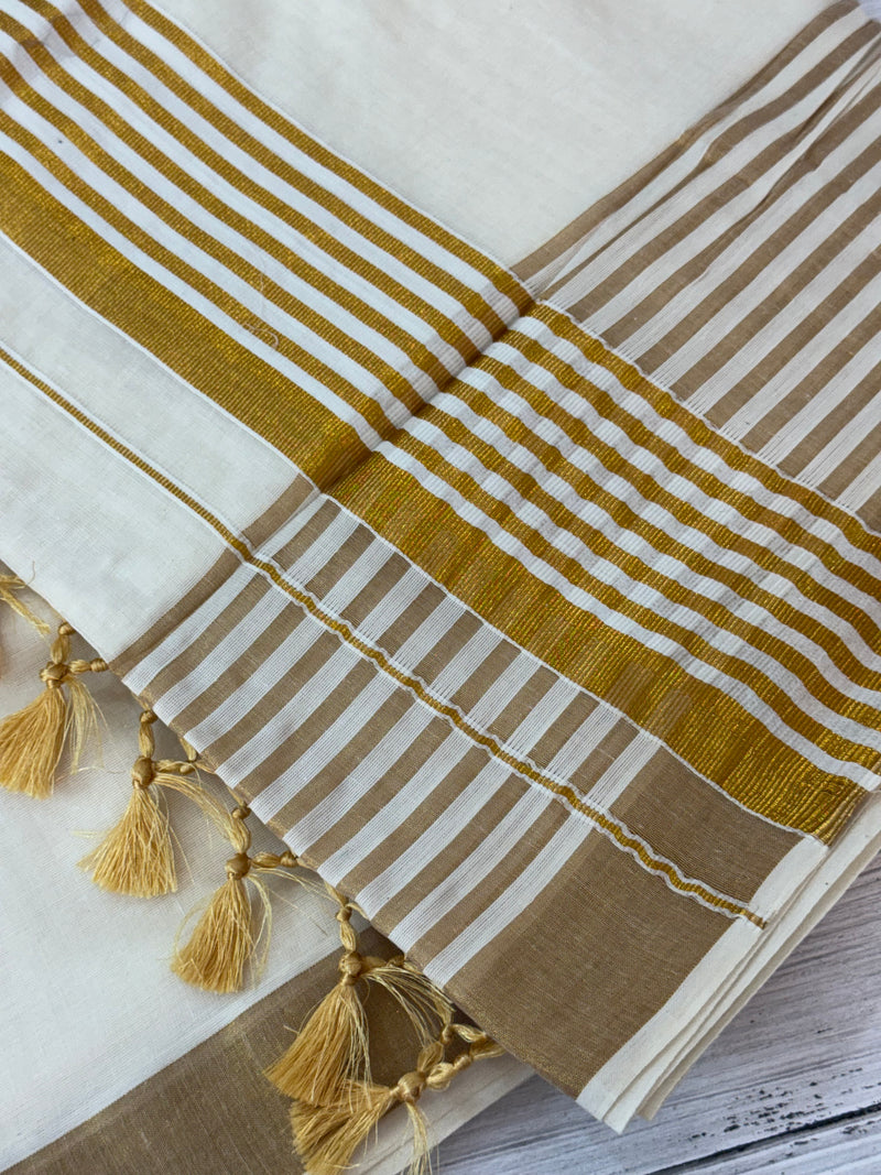 Kerala cotton saree  with one side thick border- Gold