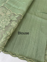 Blended tussar saree with organza applique applique borders MTSS452 DustyGreen