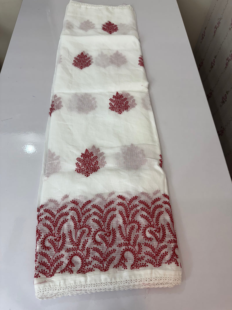 Soft kota checks saree with embroidery - SVTS38 white & red