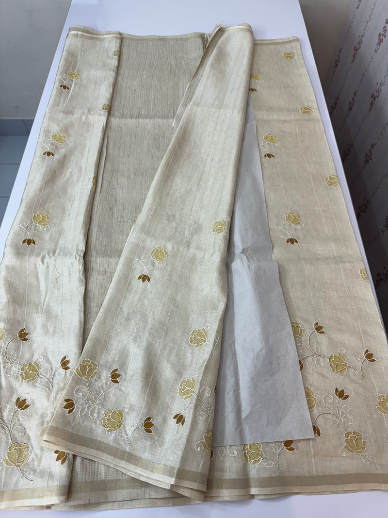 Blended soft tussar saree with embriodery - MS8186 Cream