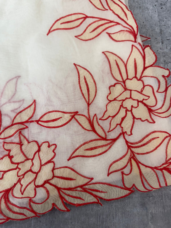 Mul chanderi applique work saree  MSH137 - Cream & Red