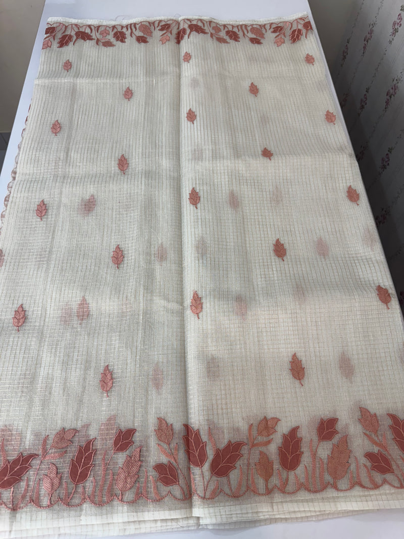 Tissue silk saree with zari checks and applique work  MSH105- Offwhite to DuskyPeach