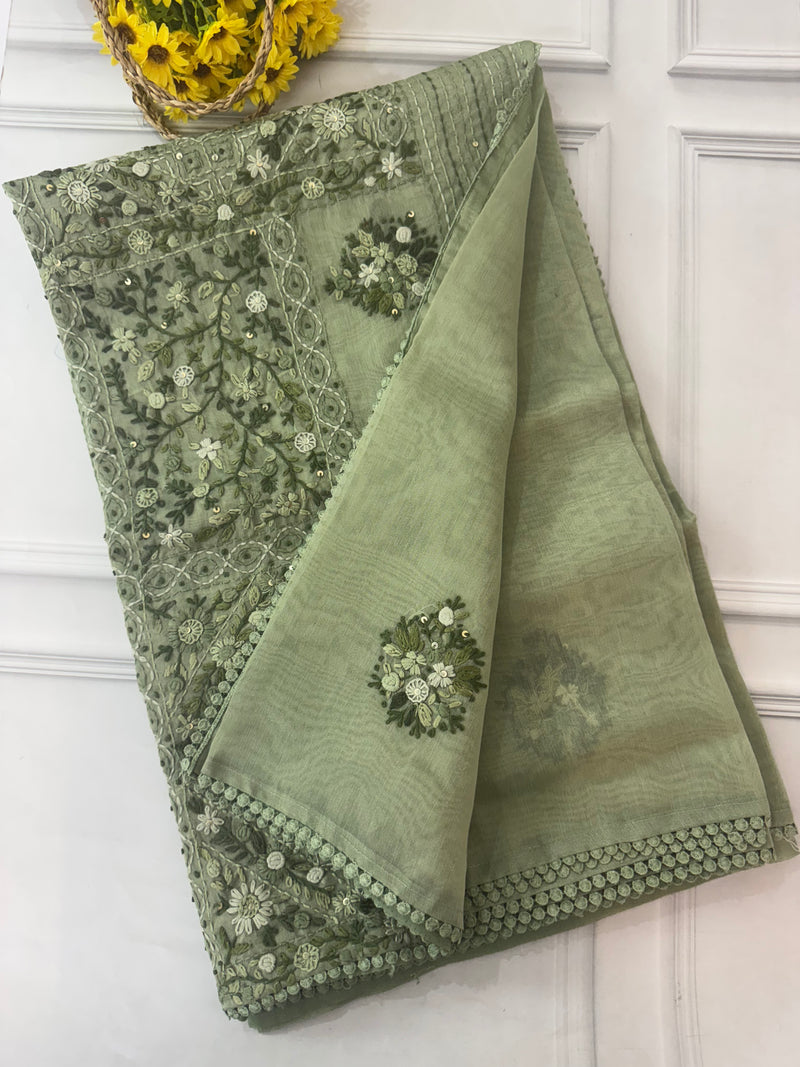 Handworked Tissue silk saree with French Knots FBLK162 DuskyGreen