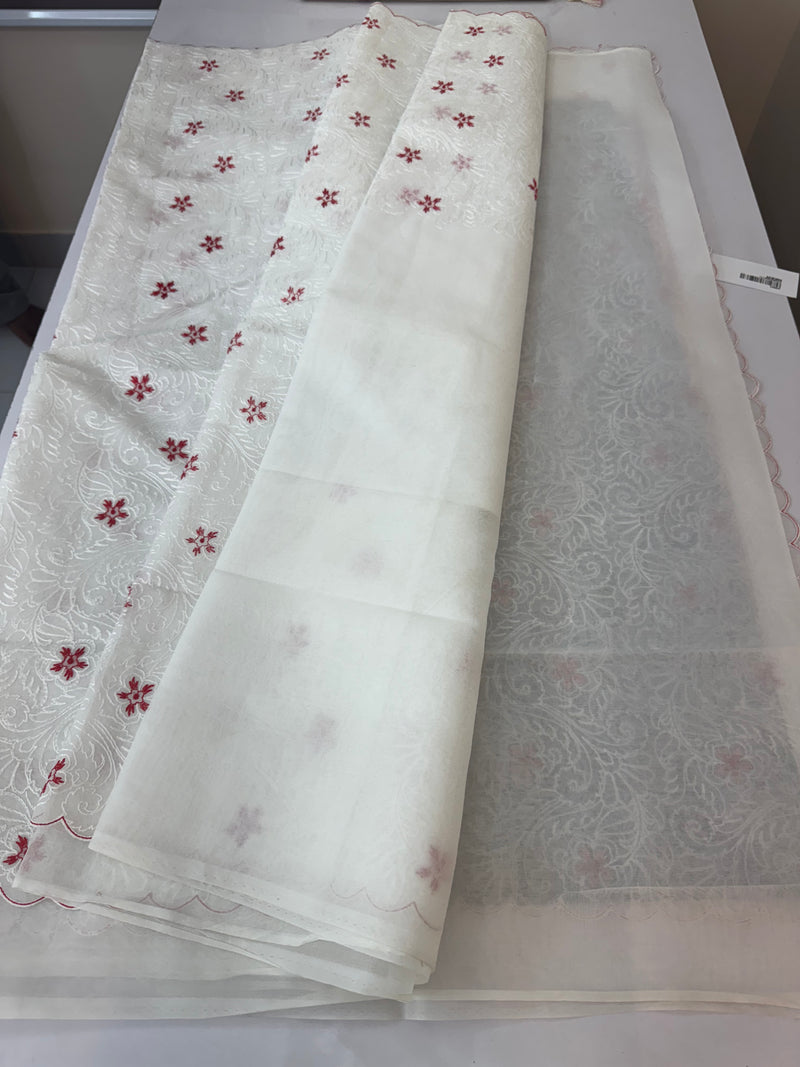 Soft organza saree with embroidery  MOS85  White & Red