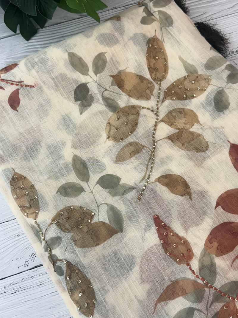 Handworked floral digital printed semi Linen Saree MLS611