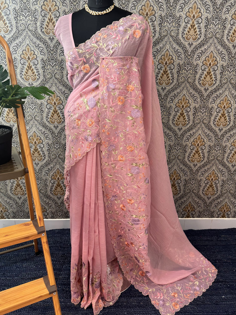 Crepe Crush chiffon organza saree with embriodery MS9702