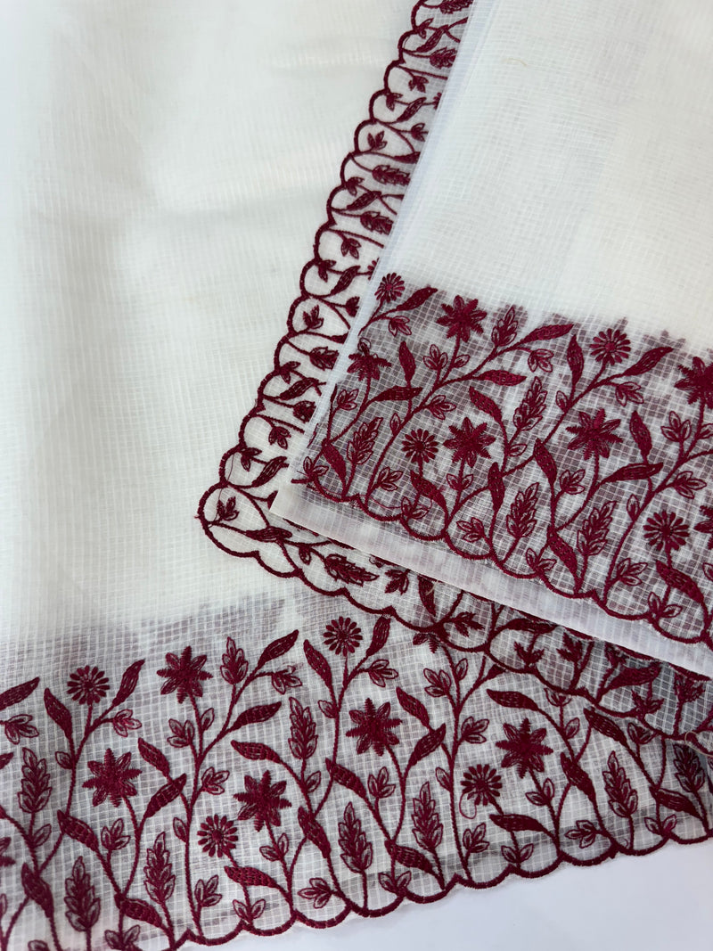 Kota silk saree with embroidery MSB643 White & Maroon