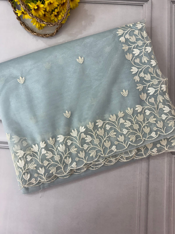 Glassy tissue organza saree with embroidery FKSF88- PowderBlue