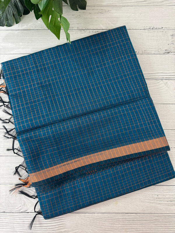 Mangalagiri Silk Cotton Saree with zari checks MS90321 PeacockBlue