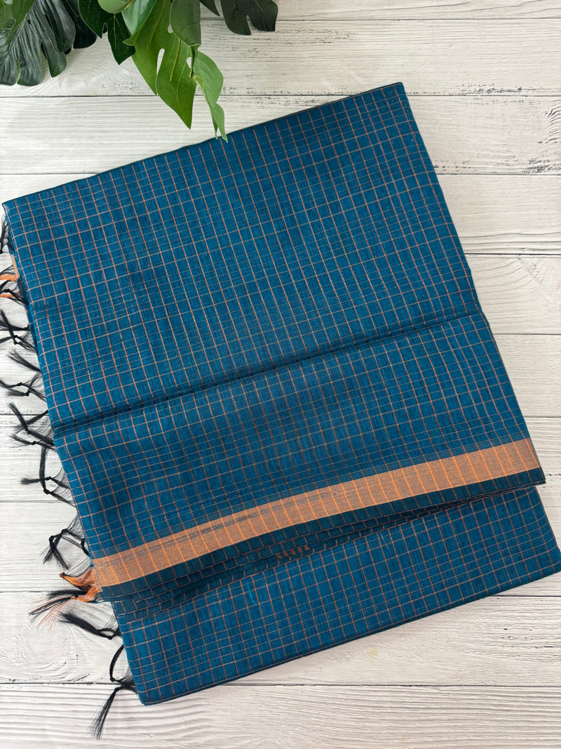 Mangalagiri Silk Cotton Saree with zari checks MS90321 PeacockBlue
