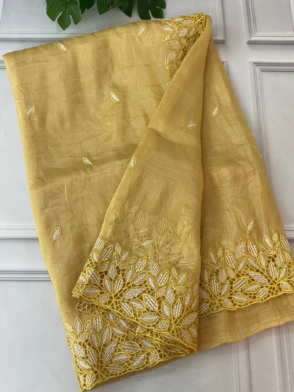 Crush Organza cutwork & embroidery saree FKSF179 Yellow