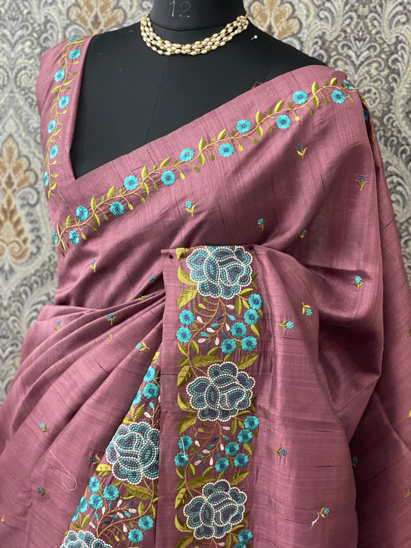 Blended tussar silk saree with embroidery SNFNRCY FadedWine