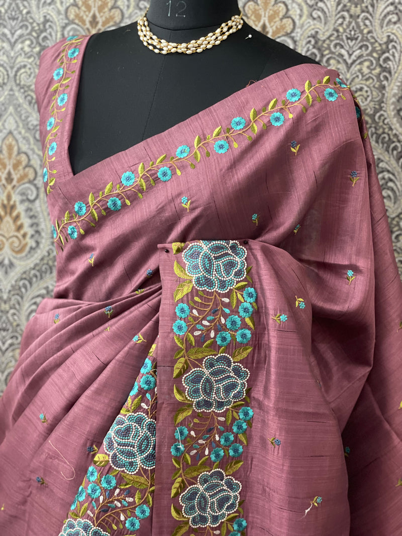 Blended tussar silk saree with embroidery SNFNRCY FadedWine