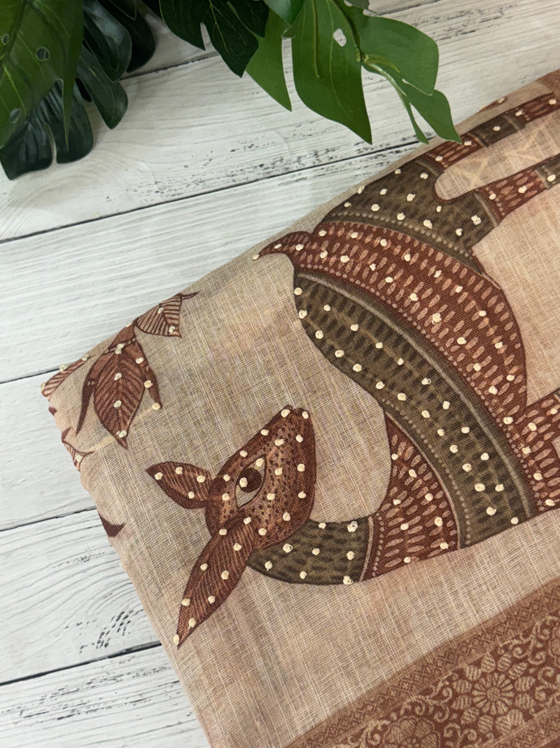 Blended linen saree with knotted embroidery and digital prints MLS4545