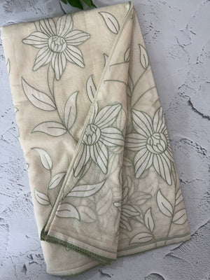 Mul chanderi applique work saree MSH182 - Offwhite to Green