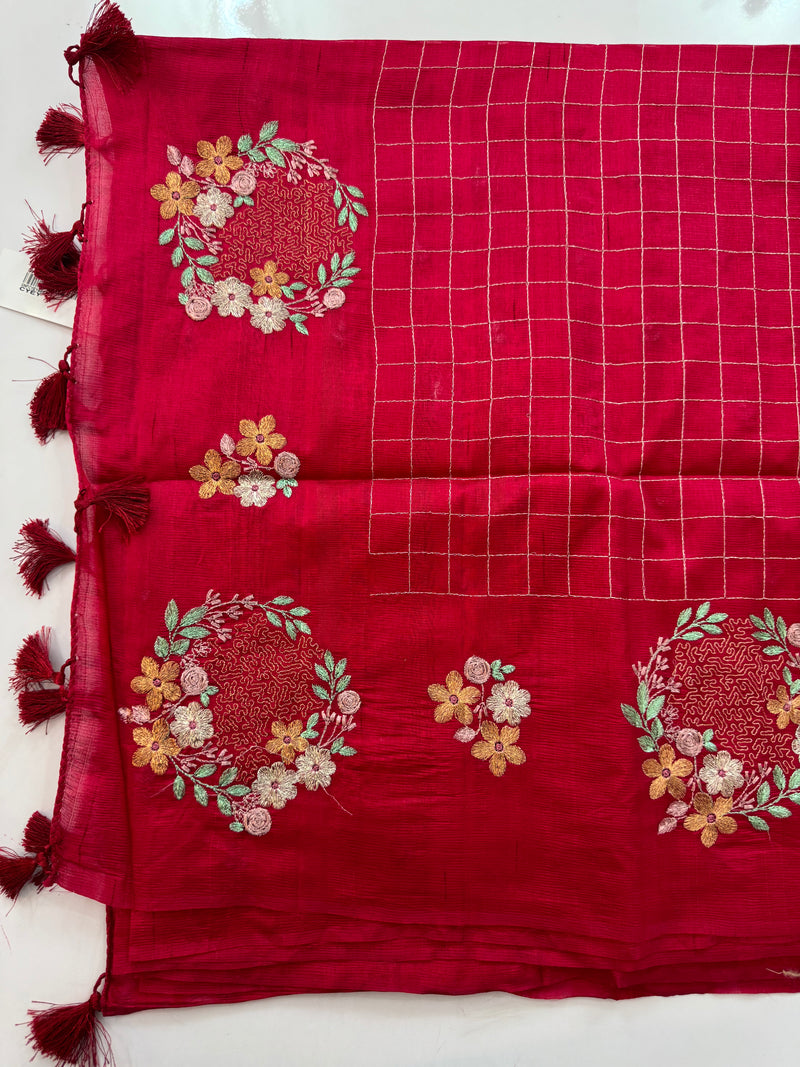 Crushed Blended tussar silk saree with embroidery- SNFCYEY DARKPINK