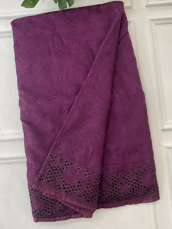 Phulkari NetKota Embroidery saree with single cutwork border - SDFNYMY WinePurple