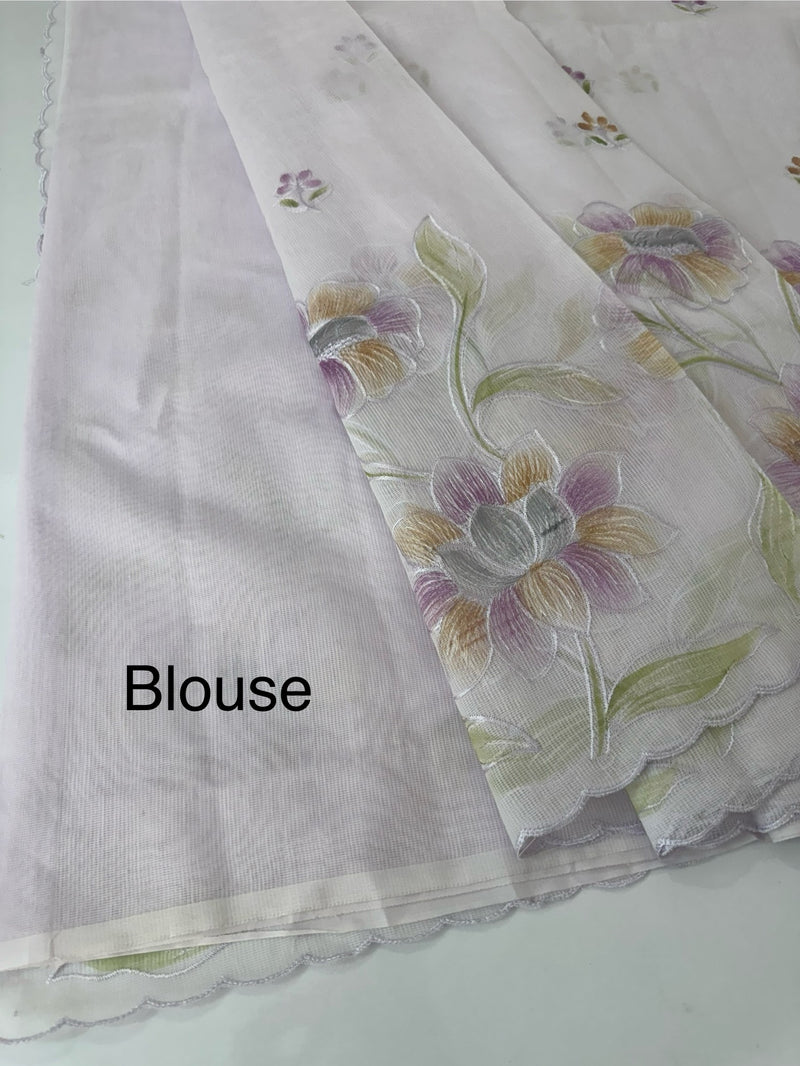 Supernet saree with embroidery and handpainting MSH104- PastelLavender