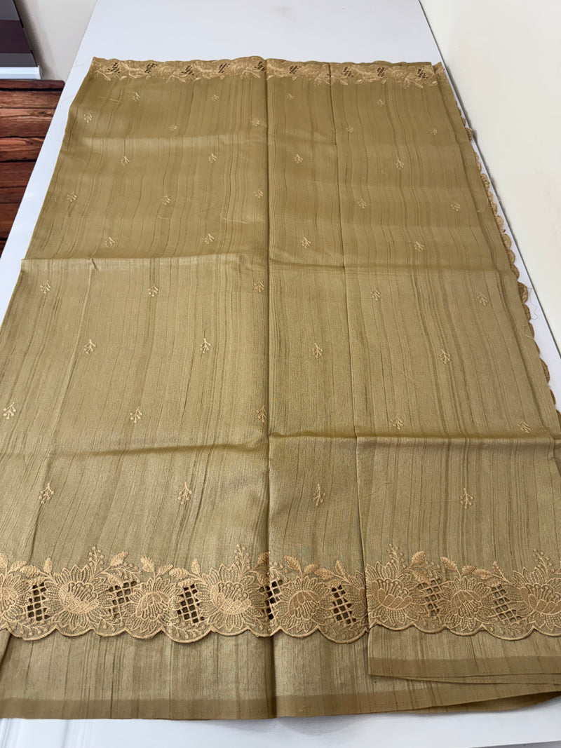 Crepe semi tussar saree with cutwork - MSS675 GoldenCream