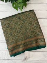 Semi katan Banarasi saree in antique zari weaving - MSKB899 BottleGreen