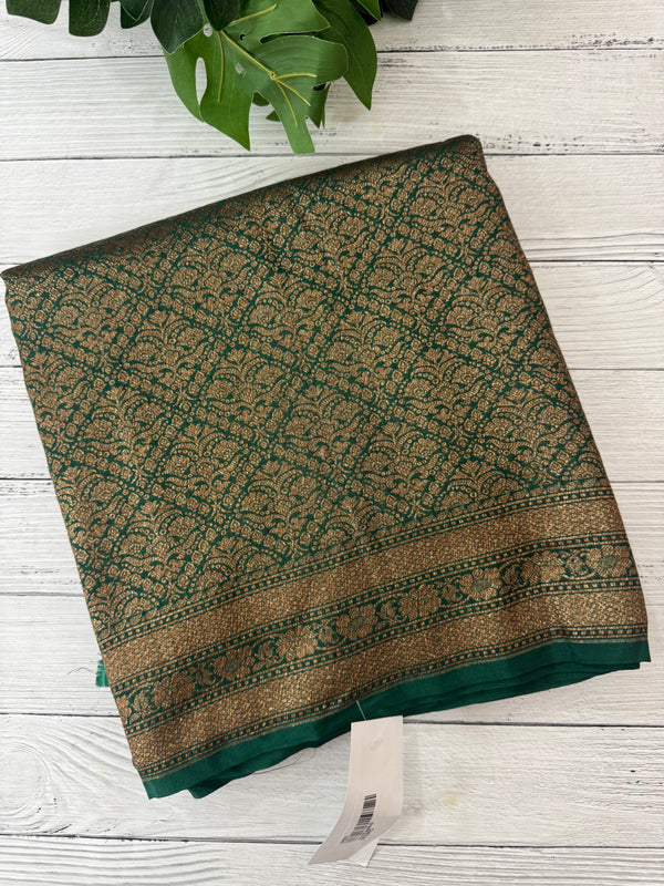 Semi katan Banarasi saree in antique zari weaving - MSKB899 BottleGreen