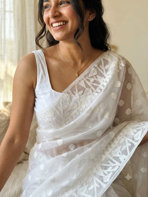Soft Organza saree with thread work - MSH309 White