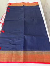 Jute silk sarees with contrast pallu & blouse MJL396 DarkBlue to Red