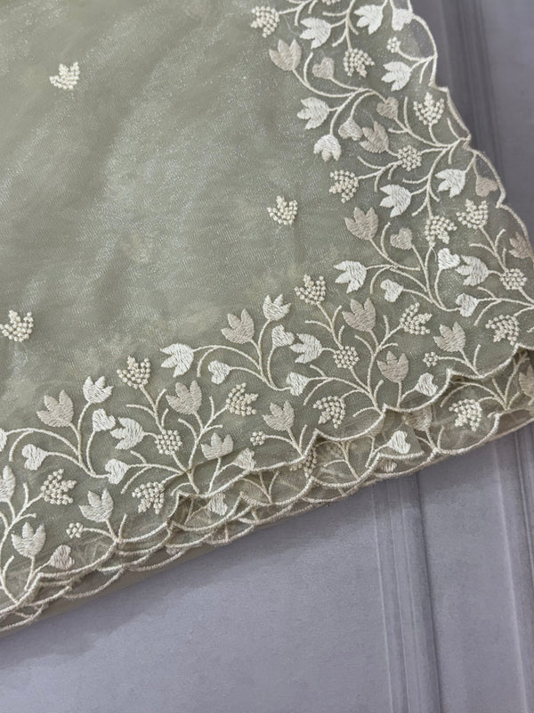 Glassy tissue organza saree with embroidery FKSF88- Pastel DuskyGreen