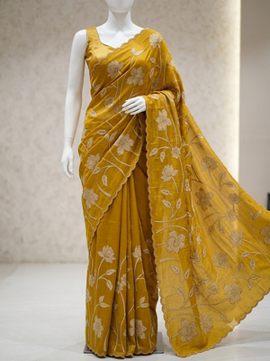 Malai chanderi saree with applique work MSM6201 GreenMustard