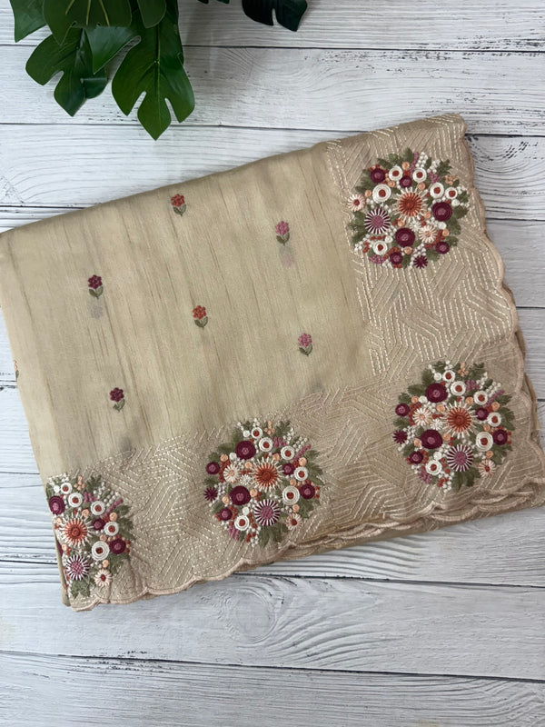 Blended tussar silk saree with embriodery - MSS564 - Beige