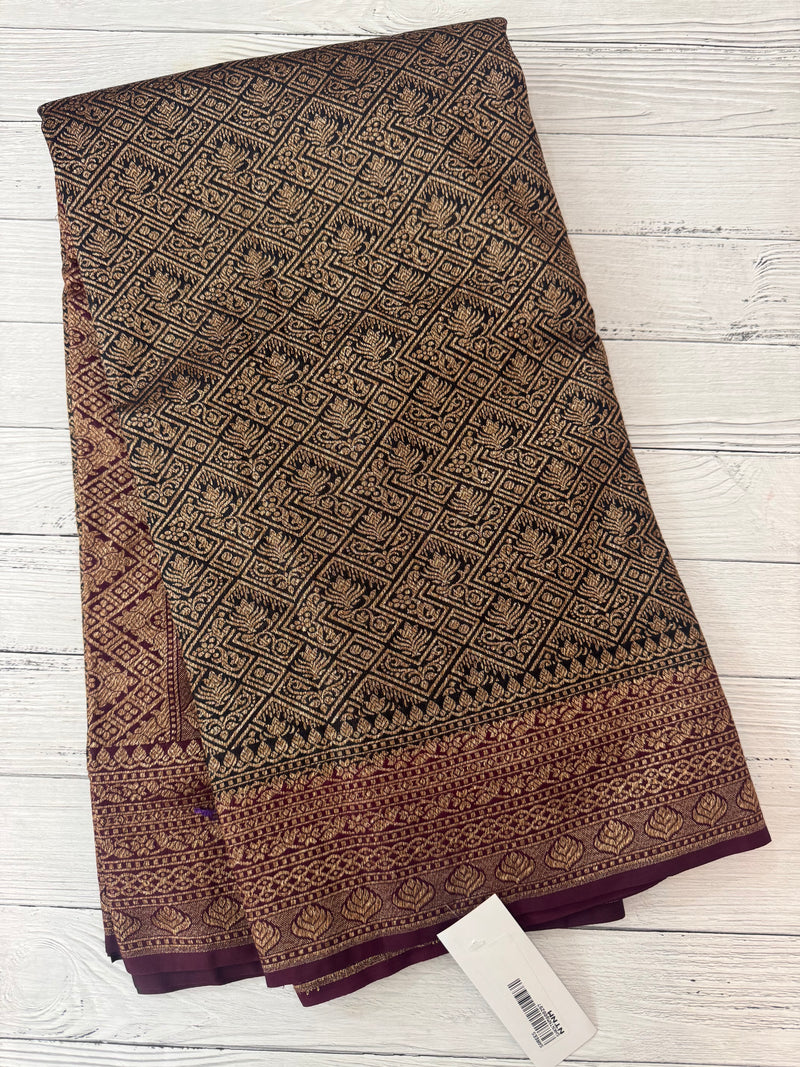 Banarasi semi katan saree with contrast border SHKNTNM- Black to Wine