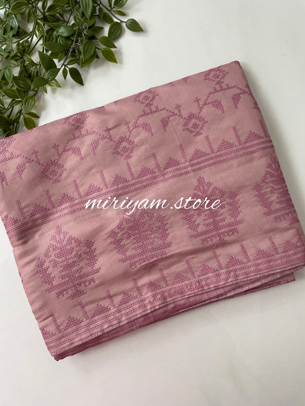 Kosa semi tussar silk saree with cross stitch embroidery- MKTS652 Pink