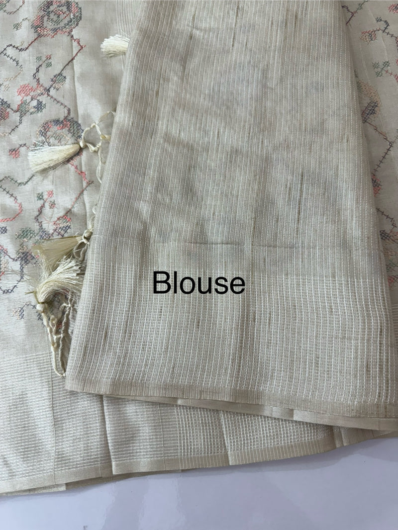 Blended tussar saree with embriodery - MS8665 Cream