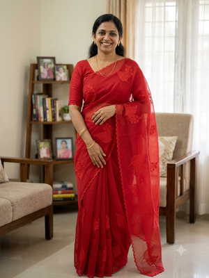 Kota Moonga checks Applique work saree  MSH278 - Leaf Design(Red)